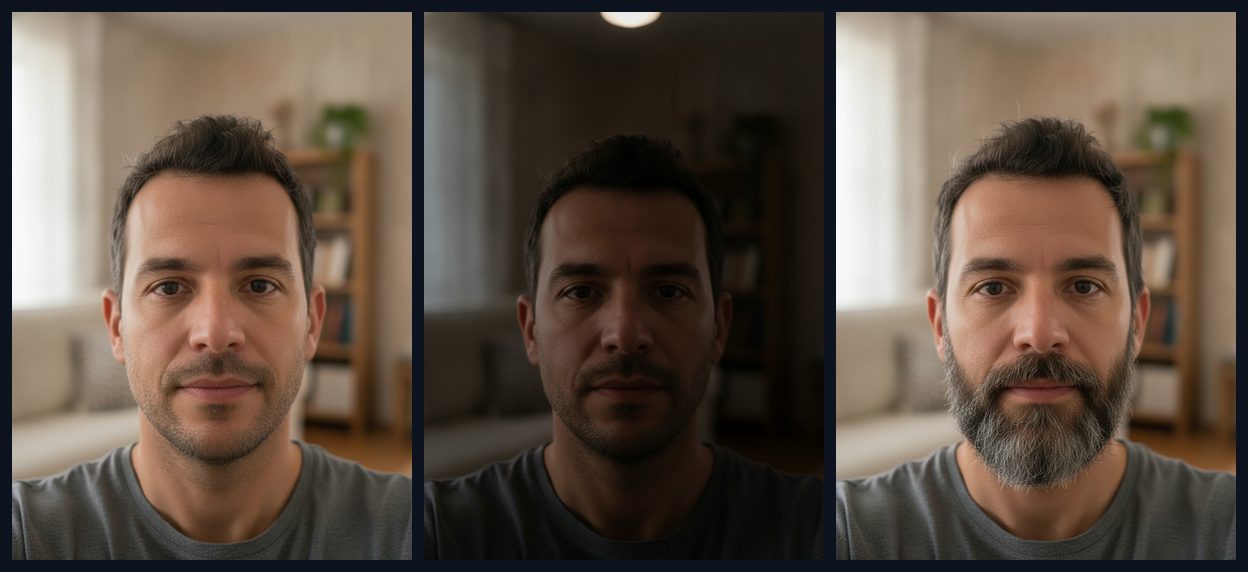 The same AI-generated man in three photos: window light, harsh overhead light at night, and with a full beard